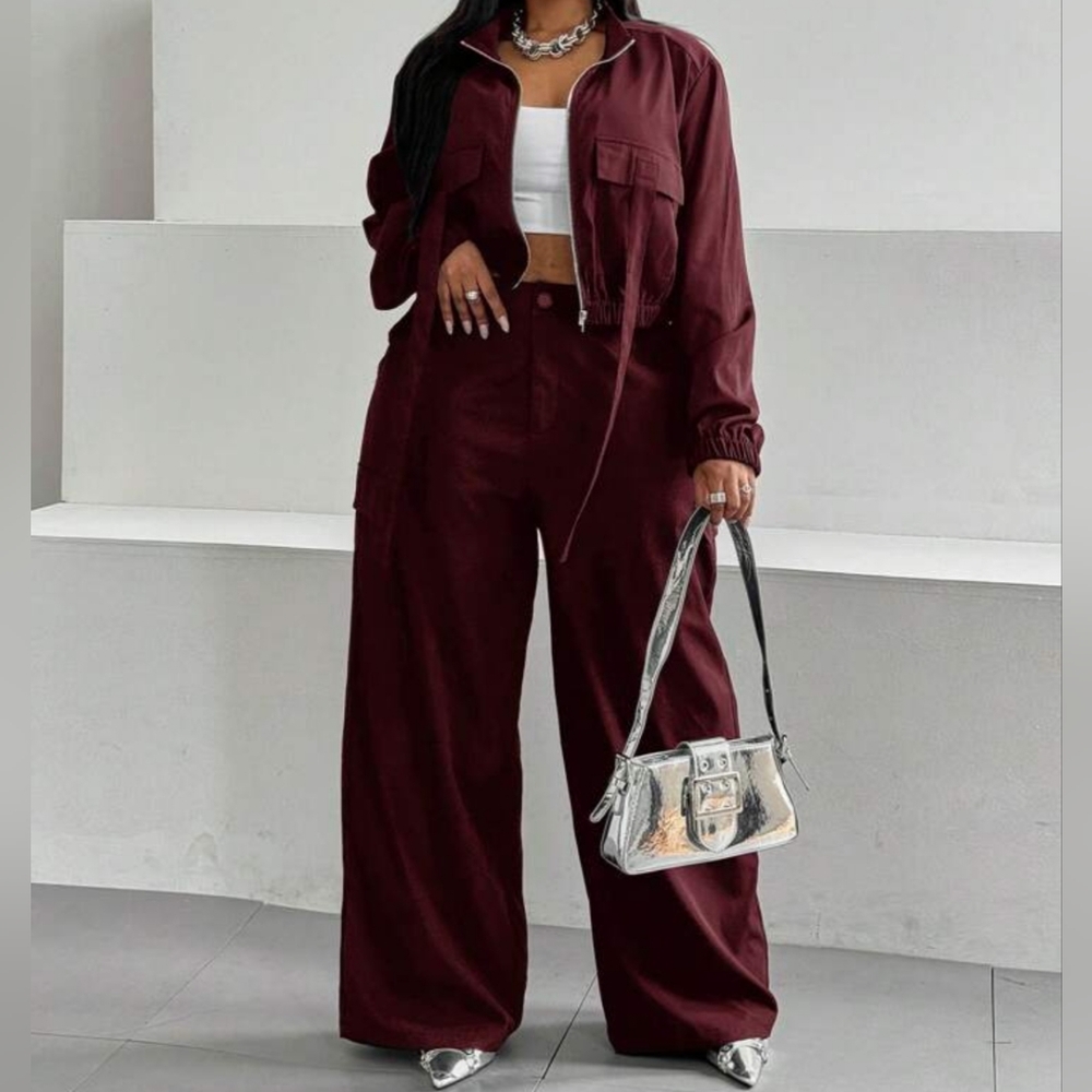 Women's Deep Red Zip-Front Crop Jacket With Wide Leg Pants Two Piece Set Sz Xl